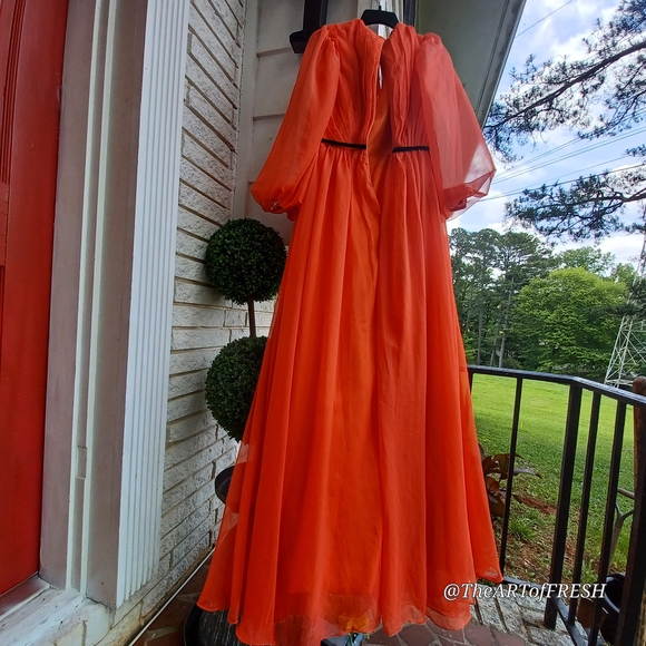 Orange Embellished Pleated Long Sleeve Gown - Picture 8 of 16